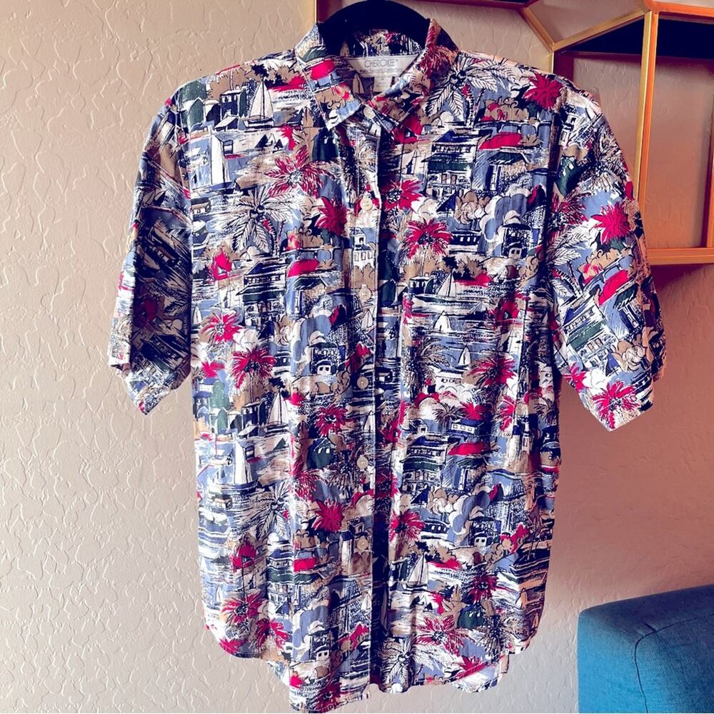 Vintage Cherokee Vibrant Vacation Resortwear Town Print Button Down womens M